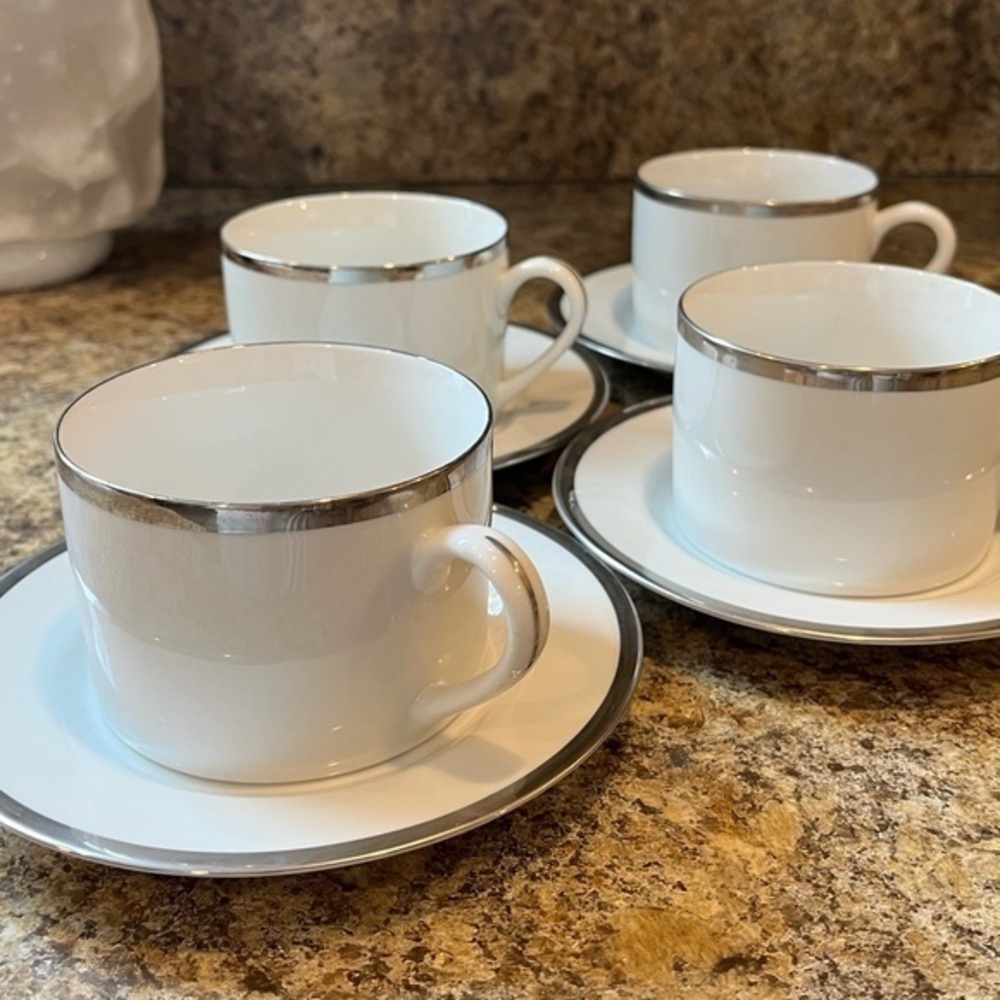 Pier 1 Monno Bangladesh Elegant White and Silver Tea Cups and Saucers Set of 4